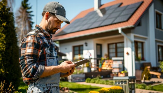 Man in a plaid shirt and cap using a tablet outside a country house with solar panels.