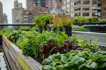 Urban oasis: Fresh vegetables flourishing on a rooftop garden against a backdrop of city architecture