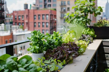 Urban balcony garden flourishing with a variety of fresh herbs and leafy greens in the heart of the city.