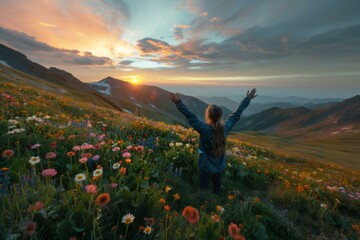 Person embracing the beauty of a mountain sunrise amidst a vibrant wildflower bloom