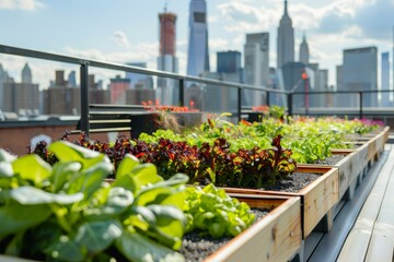 Urban rooftop garden with fresh vegetables overlooking a city skyline