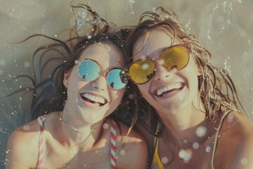 Two joyful friends laughing and wearing sunglasses while lying in shallow water at the beach on a sunny day.