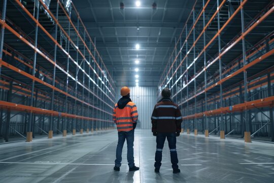 Two workers in reflective vests standing inside a large, empty warehouse with tall shelving units