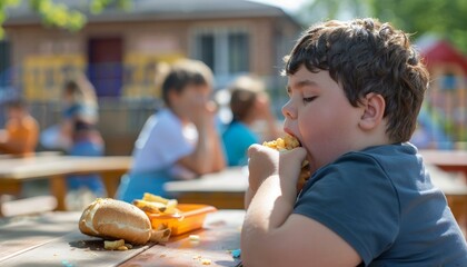 Young boy enjoying his lunch at a school picnic bench with other children in the background