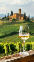 A glass of white wine on a wooden ledge with a Tuscan villa and rolling vineyards in the background