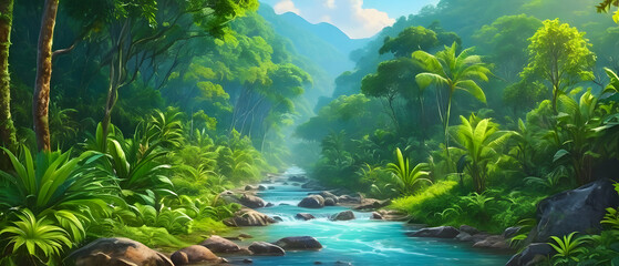 Panorama painting of beautiful stream - natural landscape in the tropical forest.