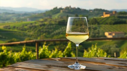 Glass of white wine on a rustic wooden table overlooking rolling vineyard hills at sunset