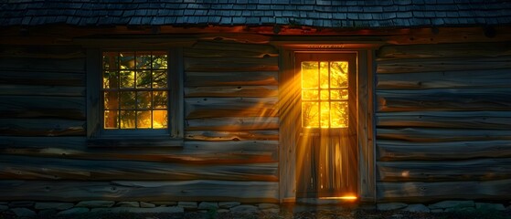 Obraz premium Warmth Within: A Cozy Cabin Door Ajar at Dusk. Concept Cozy Cabin, Dusk, Warmth, Log Cabin, Door Ajar