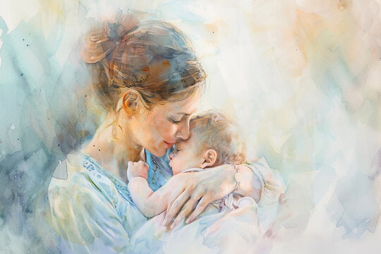 A mom and baby captured in a serene, impressionistic watercolor painting, evoking a peaceful mood.