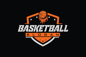 Basketball sports logo. Basketball club emblem, design template on dark background