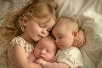 Fototapeta na wymiar A loving sister gently rocking her baby brother and sister to sleep, a lullaby in her heart.