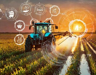 irrigation tractor driving spraying or harvesting an agricultural crop at sunset with information...