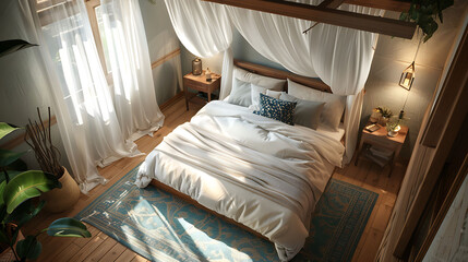 Overhead view of a cozy bedroom with a canopy bed, modern interior design, scandinavian style hyperrealistic photography