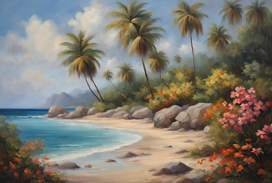 Summer tropical beach with palm trees, flowers, exotic nature, landscape oil painting