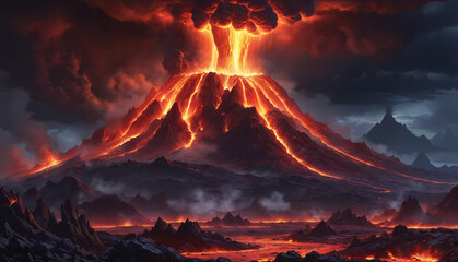 A dramatic scene of an active volcano with a lava flow. The volcano is surrounded by a desolate landscape, with a stormy sky in the background.