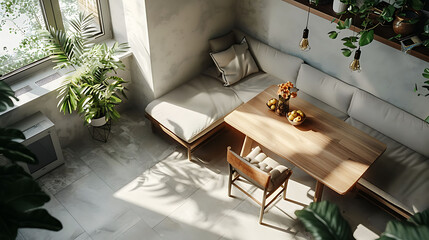 Overhead view of a cozy breakfast nook with a built-in banquette, modern interior design, scandinavian style hyperrealistic photography - obrazy, fototapety, plakaty