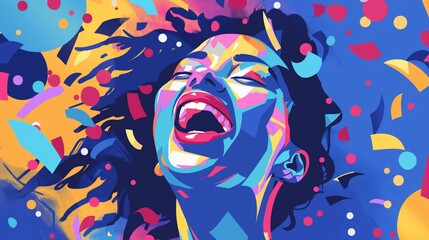 Illustration of happy woman celebrating in the party  with confetti rain. - obrazy, fototapety, plakaty