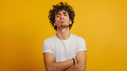 irritated man with white tshirt on yellow background, irritated expressions