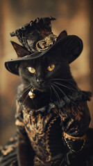 Photo-like illustration steampunk punk black cat, calm mood, classic portrait style.