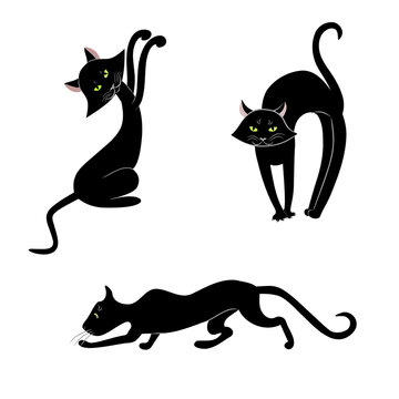Set of three black cats in various poses on a white background.Vector image for print,composition.

