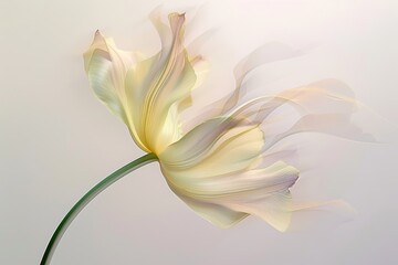 A blurry illustration photo of a swirling flower with a long stem, white background, soft yellow tones and color