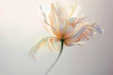 A blurry illustration photo of a swirling flower with a long stem, white background, soft yellow tones and color