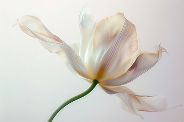 A blurry illustration photo of a swirling flower with a long stem, white background, soft yellow tones and color