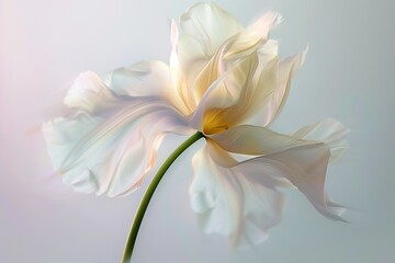 A blurry illustration photo of a swirling flower with a long stem, white background, soft yellow tones and color