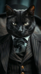 Illustration black cat as mafia boss in photorealistic style, serious look, wearing suit, on dark background
