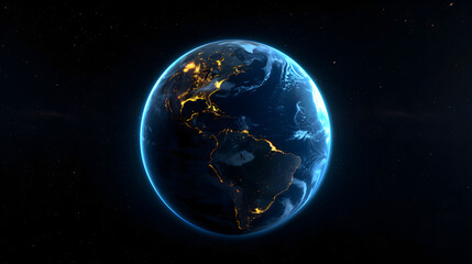 A realistic Earth with the lights of North and South America, Europe, Africa glowing in blue on its surface
