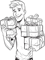 Merry Messenger Present Stack Iconic Emblem Gift Gatherer Man with Gift Boxes Logo Design