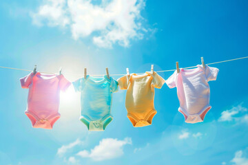 Colorful baby clothes hanging on a clothesline under a bright blue sky.
