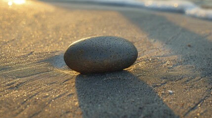 Fototapeta na wymiar Witnessing a solitary pebble's elongated silhouette at dusk reveals nature's intricate beauty in its tiniest details.
