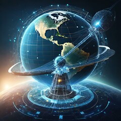 telecom communication satellite orbiting around the globe earth with futuristic technology datum hologram information for online and internet connection and gps space orbit services banner