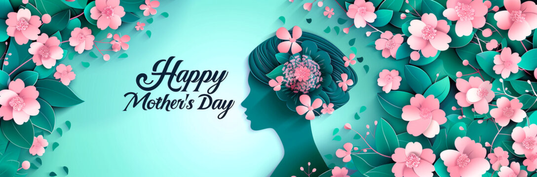 Happy Mother’s Day with flowers, handwritten calligraphy text, beautiful mom portrait, flowers and leaves on green background.  Panorama illustration celebrating mothers with copy space