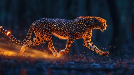 A cheetah sprinting its spots blinking with neon lights - obrazy, fototapety, plakaty