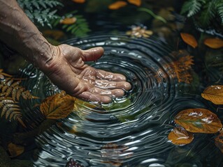 The simple act of a hand reaching out to touch water captures the complex interplay of human interaction with nature. - obrazy, fototapety, plakaty
