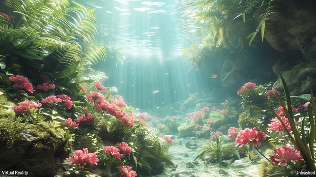 Discover a secret world teeming with soft pink blooms and lush underwater plants, creating an enchanting and serene ambiance-3