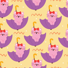 seamless pattern cartoon cat playing with umbrella. cute animal wallpaper with sky element, umbrella