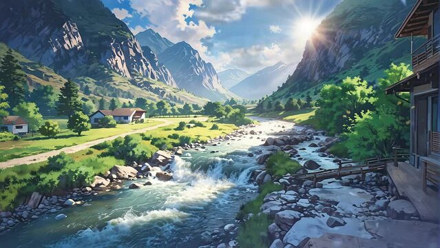 Alpine River Journey: Aerial Anime-style View of River Flowing from Mountains in 4k Loop