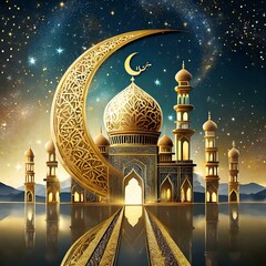 Eid Al Adha Mubarak gold greeting card  design - islamic beautiful background with moon and golden text - Eid Al Adha, Eid Mubarak. Islamic illustration for muslim community