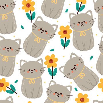 seamless pattern cartoon cat and flower. cute animal wallpaper for textile, gift wrap paper
