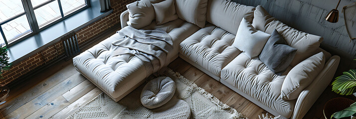 Fototapeta na wymiar Overhead view of a cozy corner sofa with throw blankets, hyperrealistic photography of modern interior design