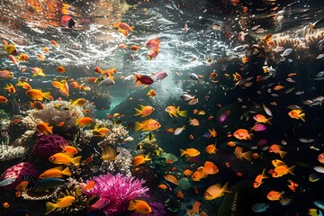 Fototapeta na wymiar Vibrant Underwater Coral Reef Teeming with Diverse Tropical Fish and Marine Life