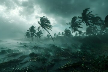 Powerful tropical storm with fierce winds and torrential rains reshaping the lush,verdant landscape through nature's cycles of destruction and renewal