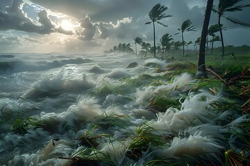 Powerful Tropical Storm Transforms Coastal Landscape with Turbulent Winds and Torrential Rains - obrazy, fototapety, plakaty