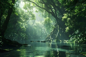 Obraz premium Captivating Tropical Jungle Landscape with Lush Foliage,Tangled Vines,and Hidden Waterways