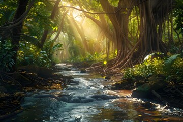 Enchanting Tropical Jungle Landscape with Lush Foliage,Hidden Waterways,and Beams of Sunlight - obrazy, fototapety, plakaty