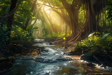Raamstickers Enchanting Tropical Jungle Landscape with Lush Foliage,Hidden Waterways,and Beams of Sunlight © TEERAWAT