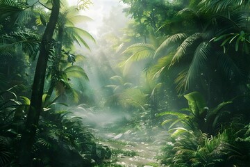 Lush Tropical Jungle with Tangled Vines,Hidden Waterways,and Enchanting Atmosphere